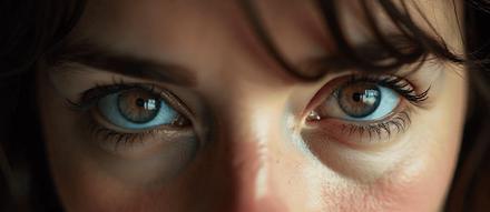 Vrouw met donkere ogen en hangende oogleden kijkt boos in de camera