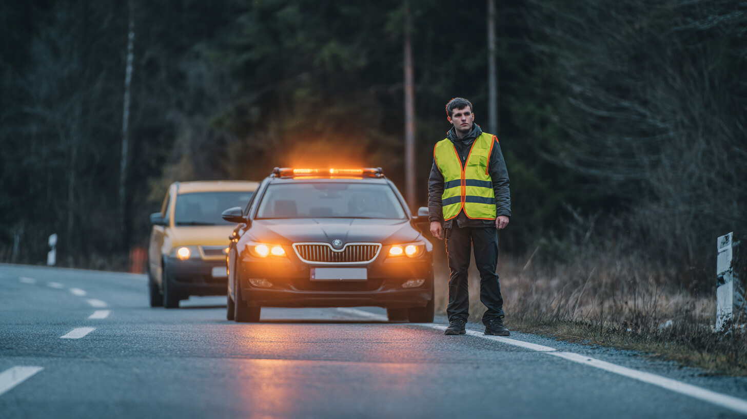 Wegwerker in veiligheidshesje bij pech onderweg met voertuig en waarschuwingslichten langs de weg