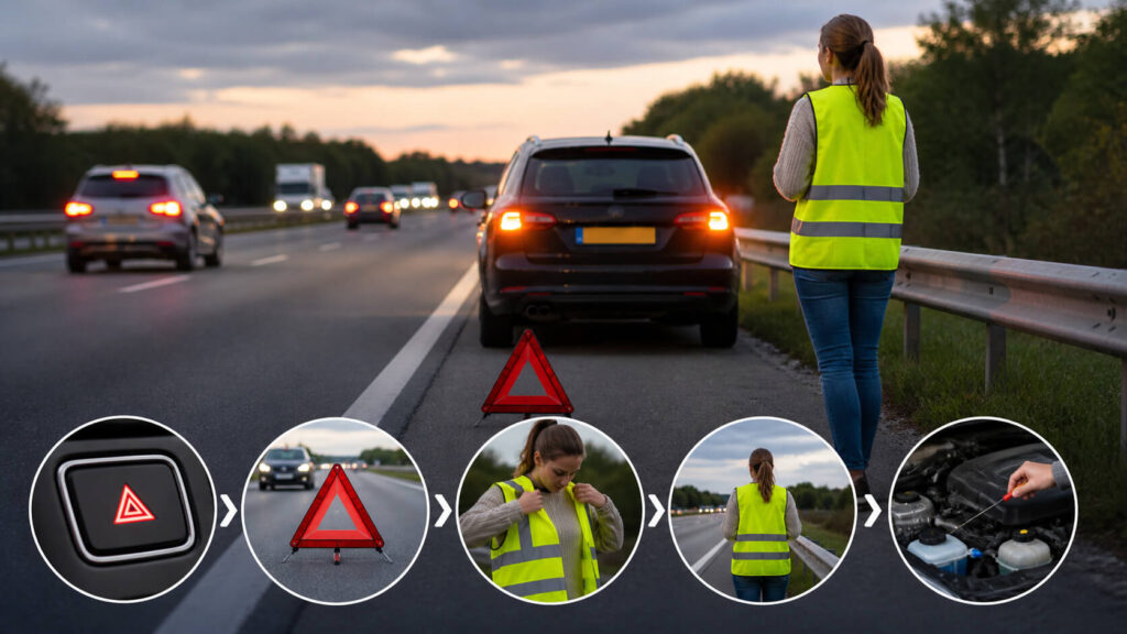 Stappenplan bij pech onderweg met gevarendriehoek en veiligheidshesje langs de snelweg