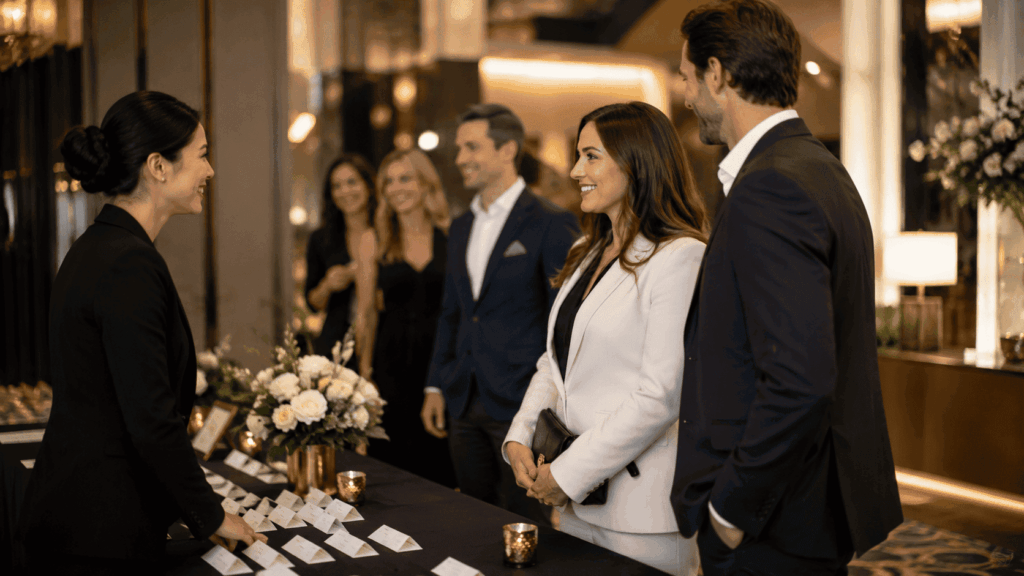 Hostess die mensen verwelkomt op een zakelijk evenement