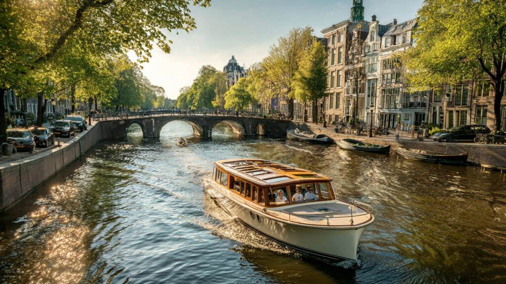 Rondvaartboot tijdens een tocht over het water langs historische grachten en bruggen.