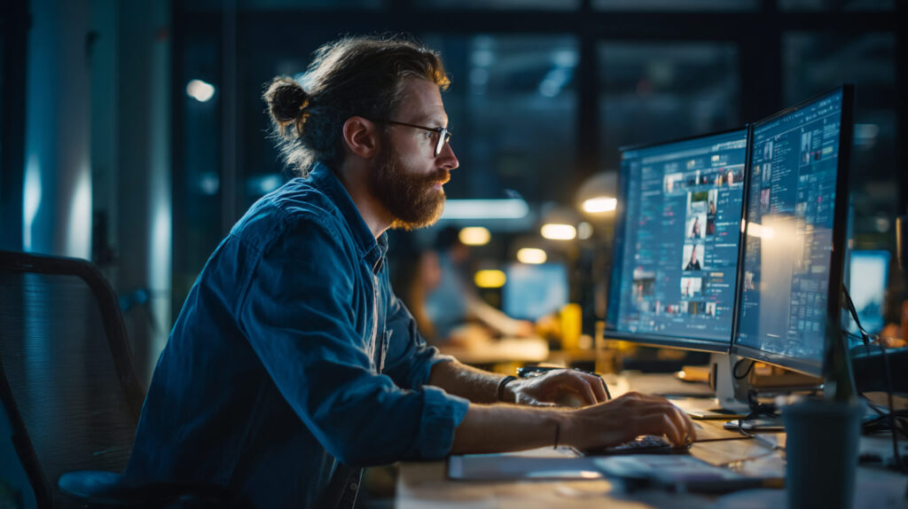 Medewerker werkt digitaal samen binnen internationale organisaties met focus op communicatie en processen.