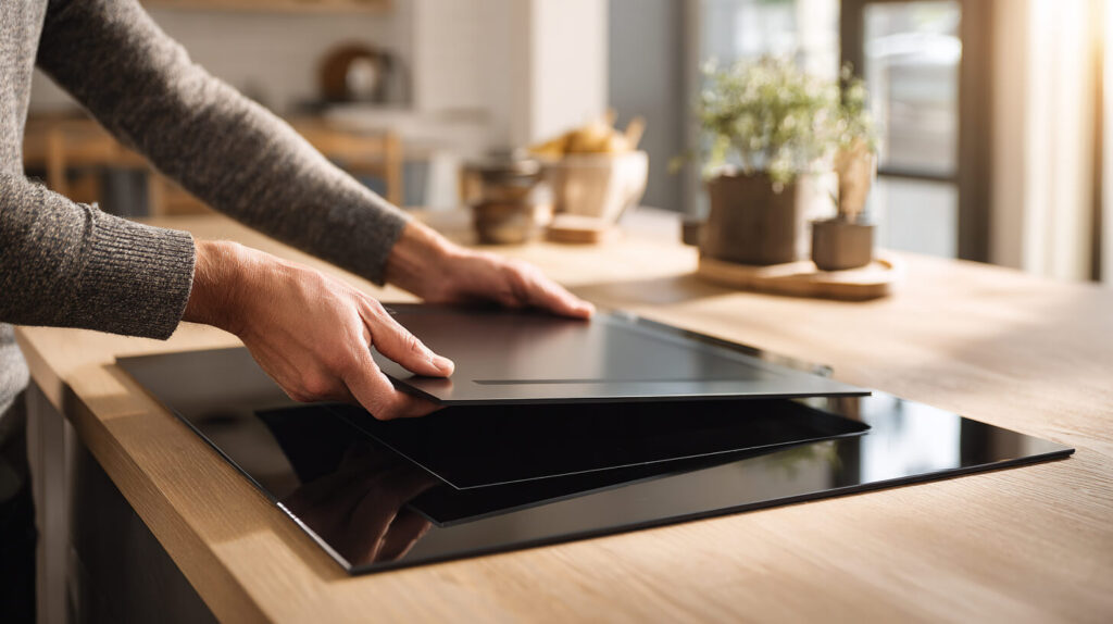 Persoon plaatst een afdekplaat inductiekookplaat om extra werkruimte en rust in de keuken te creëren.