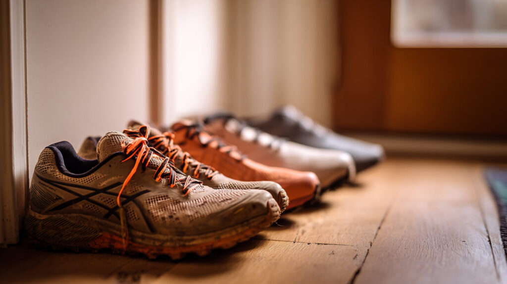 rij verschillende hardloopschoenen op een houten vloer bij een deur, close-up op de voorste modderige trailschoen met oranje veters.