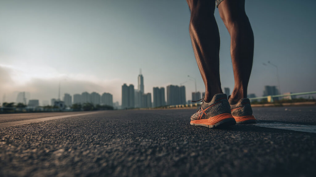 close-up van onderbenen en hardloopschoenen van een loper op asfalt, met een skyline op de achtergrond.