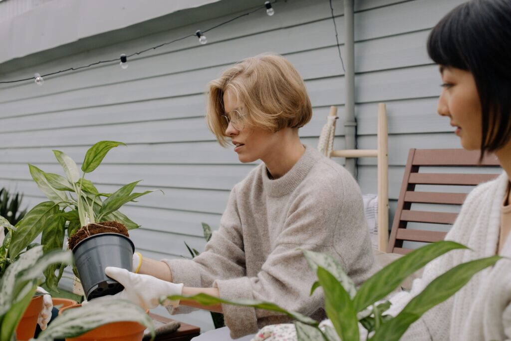 vrouw plant een plant