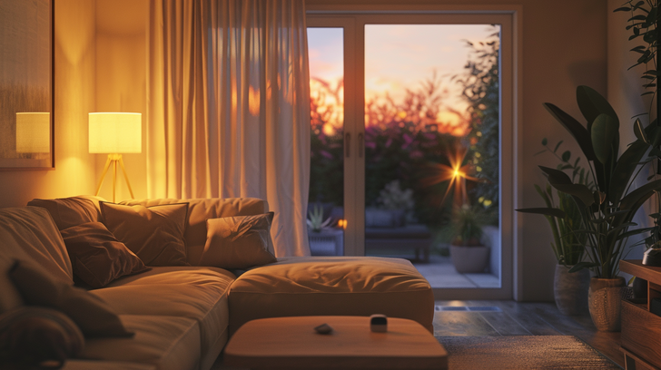 Sfeervolle woonkamer bij avondlicht in een inbraakveilige woning met stijlvol interieur.