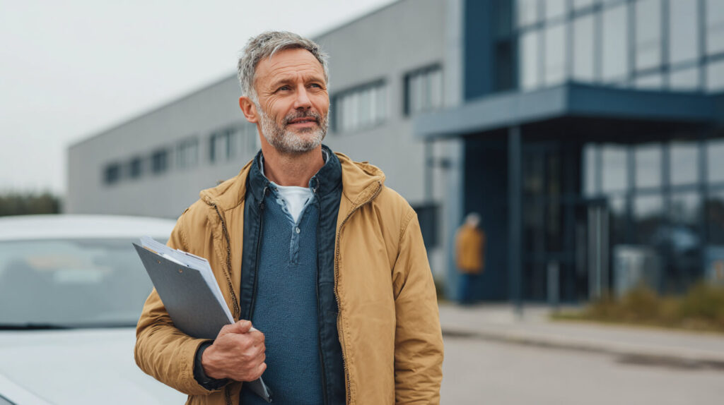 Man van middelbare leeftijd met een klembord loopt bij een auto naar buiten voor een rijles of examen
