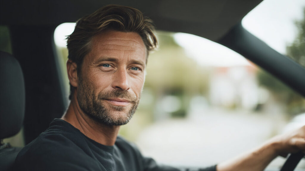 Volwassen man met een tevreden glimlach achter het stuur van een auto, klaar om te vertrekken