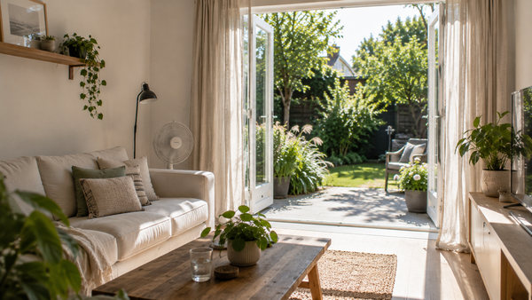 Lichte woonkamer met open tuindeuren, ventilator, groene planten en een zonnige achtertuin