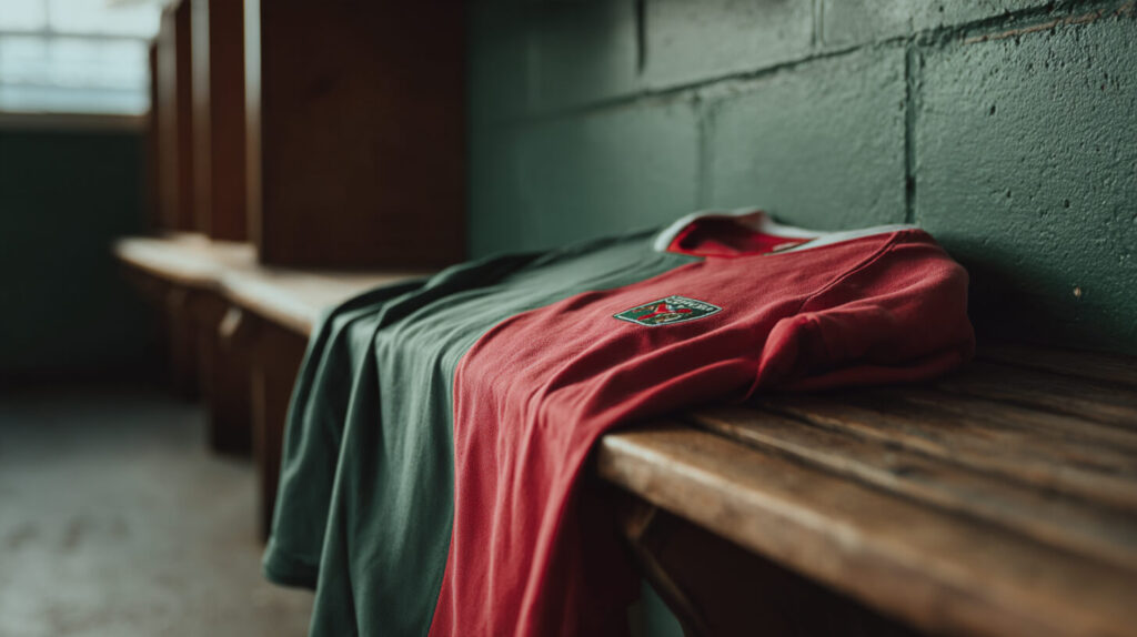 Opgevouwen rood-groen clubshirt met embleem, liggend op een houten bank in de kleedkamer