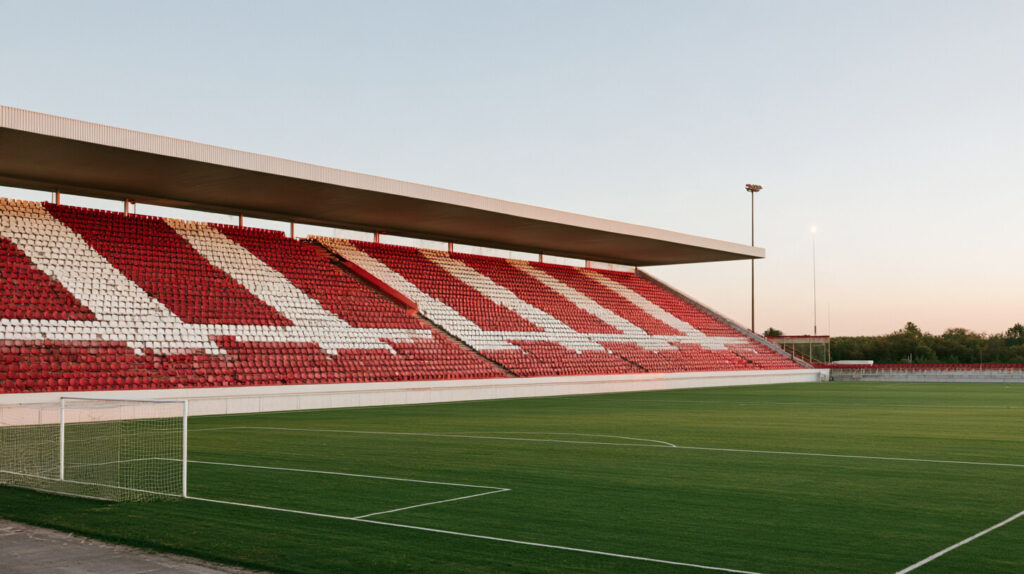 Rood-witte tribune van een voetbalstadion bij zonsondergang, met een groen speelveld en doel op de voorgrond