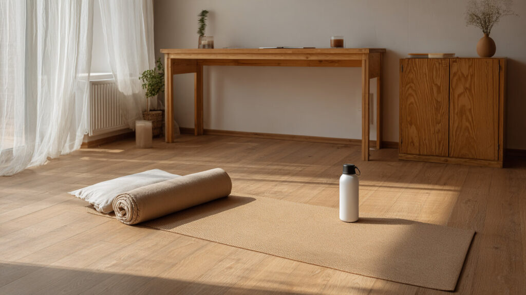 Opgerolde yogamat met kussen en waterfles op een houten vloer in een lichte woonkamer met zacht zonlicht